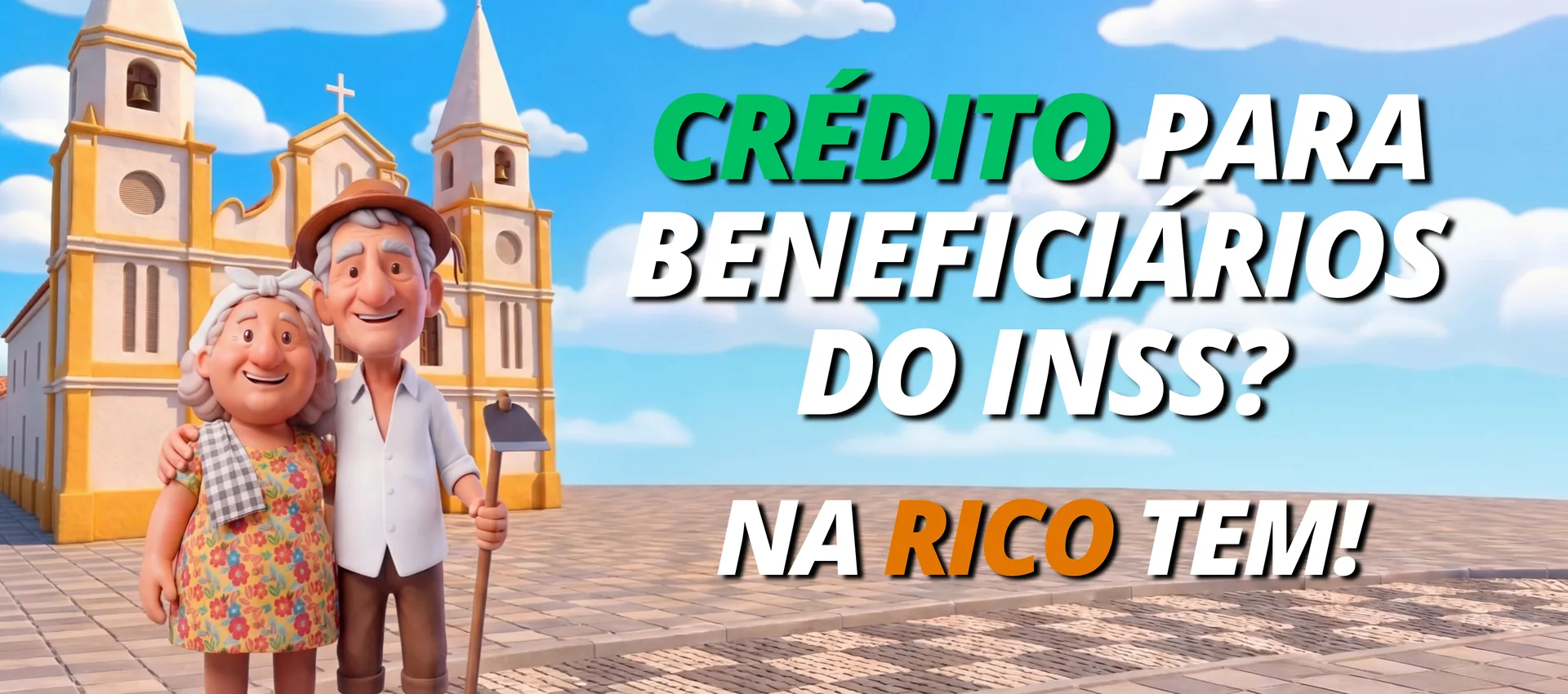 Casal de idosos em uma praça, com a mensagem: Crédito para beneficiários do INSS? Na Rico tem!